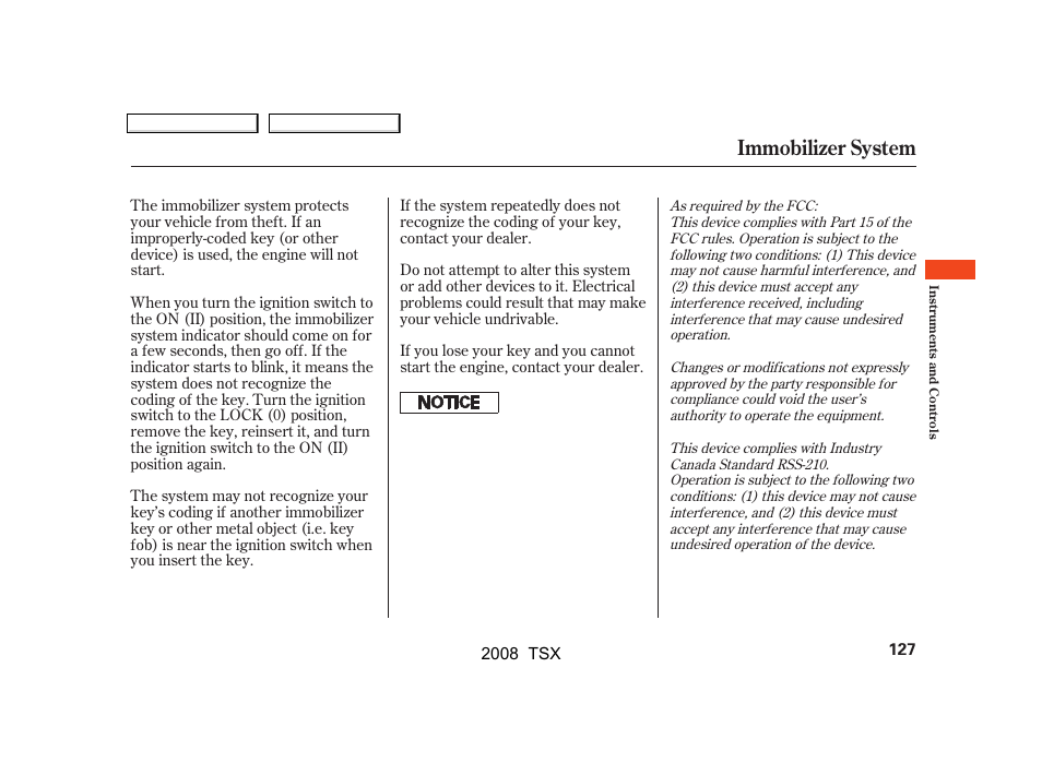 Immobilizer system | Acura 2008 TSX - Owner's Manual User Manual | Page 130 / 388