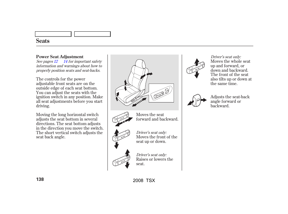 Seats | Acura 2008 TSX - Owner's Manual User Manual | Page 141 / 388