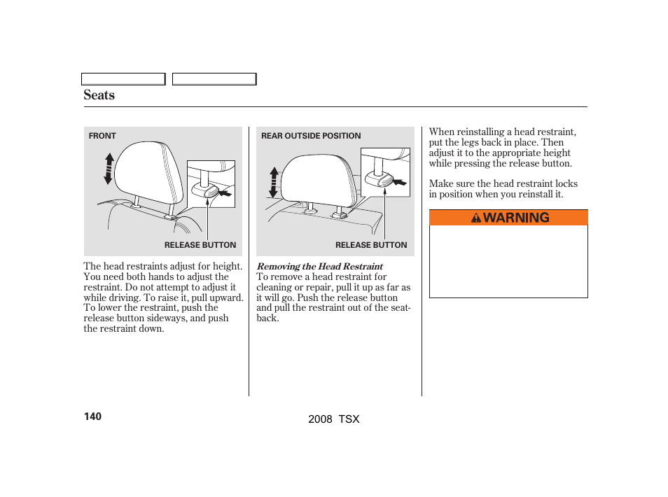 Seats | Acura 2008 TSX - Owner's Manual User Manual | Page 143 / 388