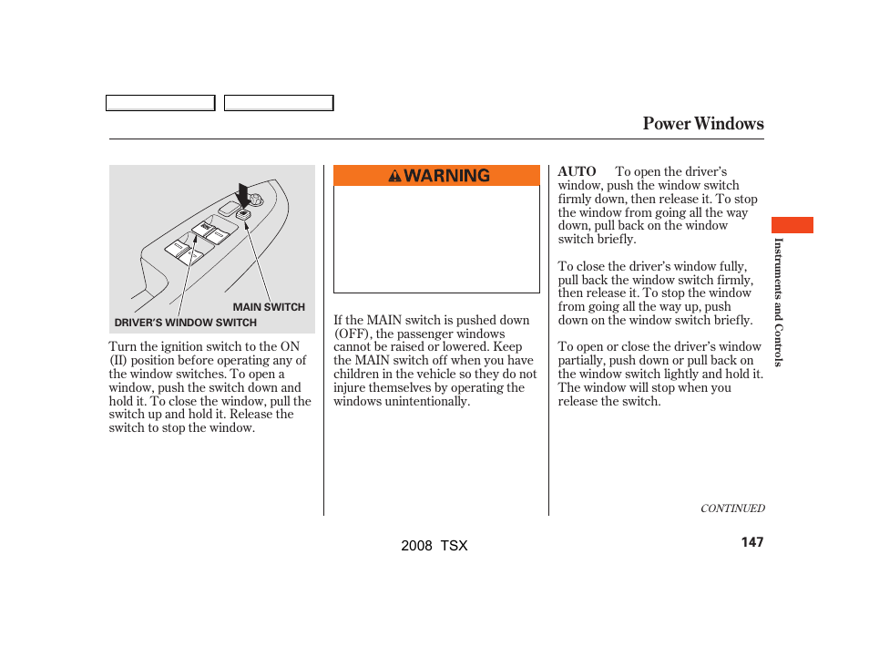 Power windows | Acura 2008 TSX - Owner's Manual User Manual | Page 150 / 388