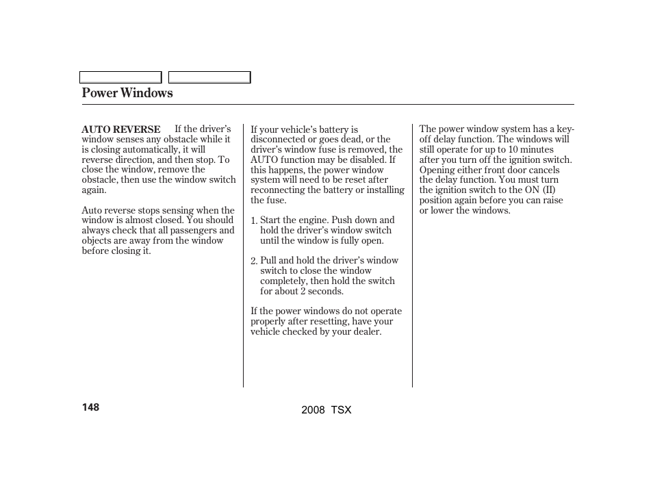 Power windows | Acura 2008 TSX - Owner's Manual User Manual | Page 151 / 388