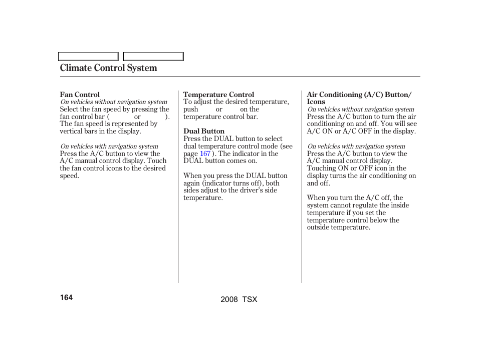 Climate control system | Acura 2008 TSX - Owner's Manual User Manual | Page 167 / 388