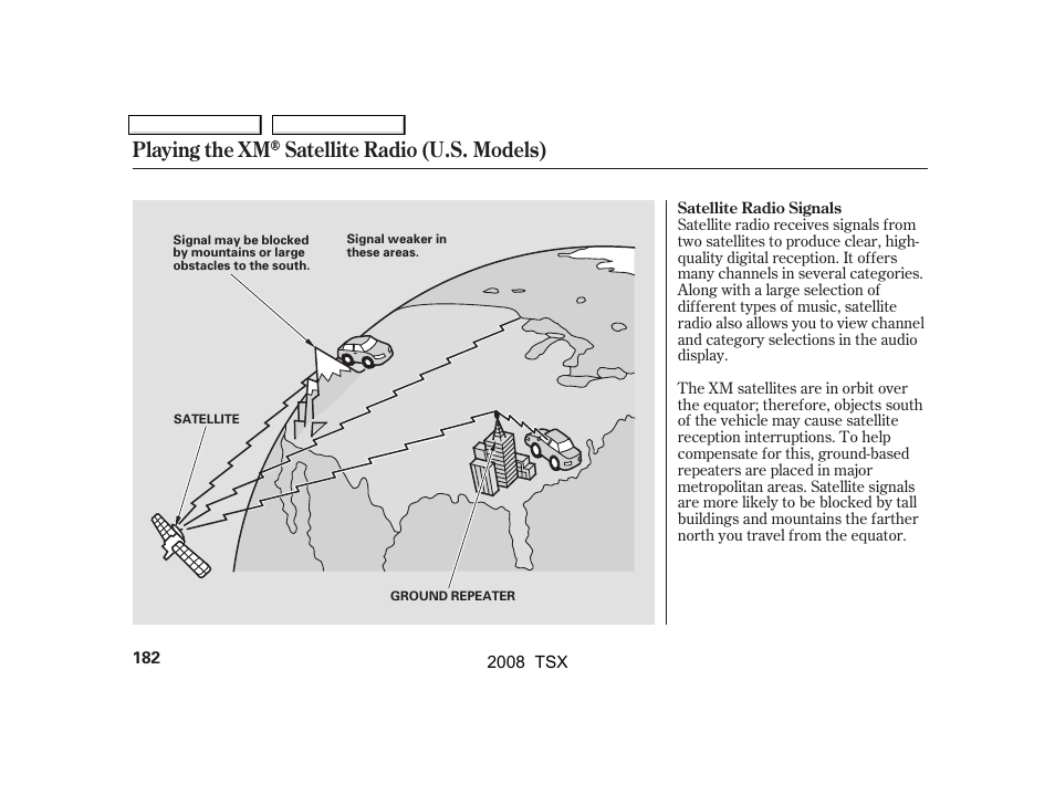 Playing the xm satellite radio (u.s. models) | Acura 2008 TSX - Owner's Manual User Manual | Page 185 / 388
