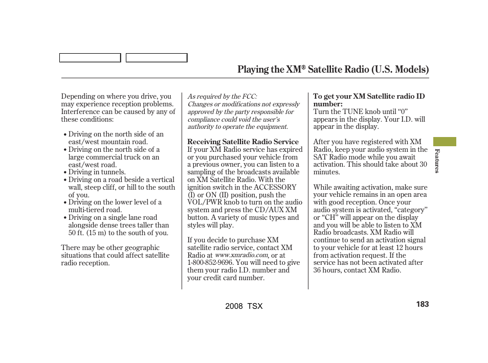 Playing the xm satellite radio (u.s. models) | Acura 2008 TSX - Owner's Manual User Manual | Page 186 / 388