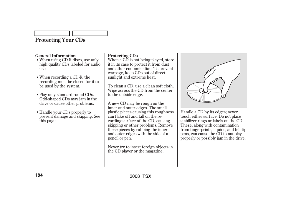 Protecting your cds | Acura 2008 TSX - Owner's Manual User Manual | Page 197 / 388