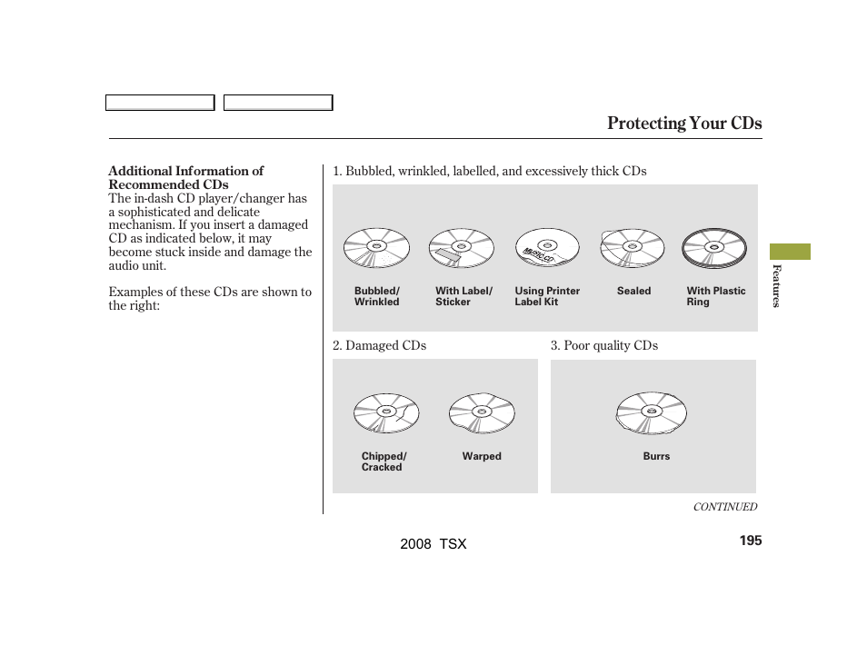 Protecting your cds | Acura 2008 TSX - Owner's Manual User Manual | Page 198 / 388