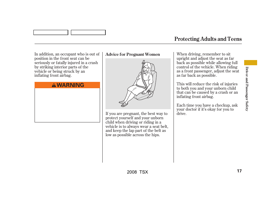 Protecting adults and teens | Acura 2008 TSX - Owner's Manual User Manual | Page 20 / 388