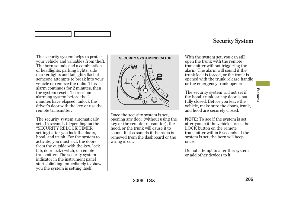Security system | Acura 2008 TSX - Owner's Manual User Manual | Page 208 / 388