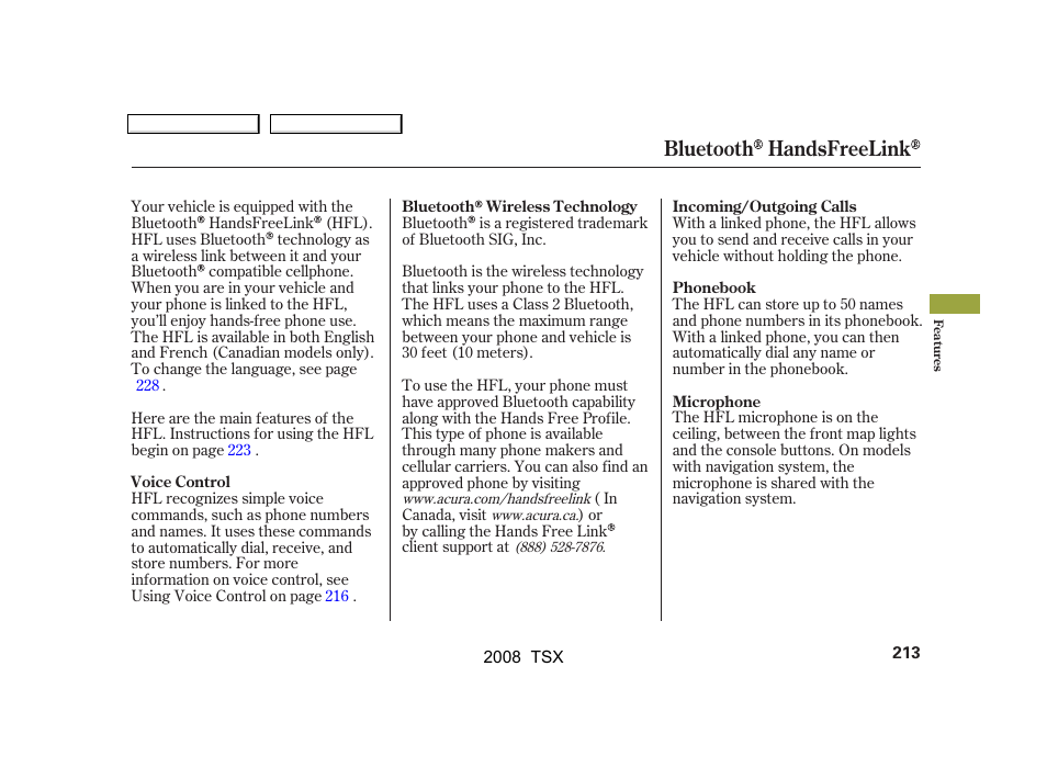 Bluetooth handsfreelink | Acura 2008 TSX - Owner's Manual User Manual | Page 216 / 388