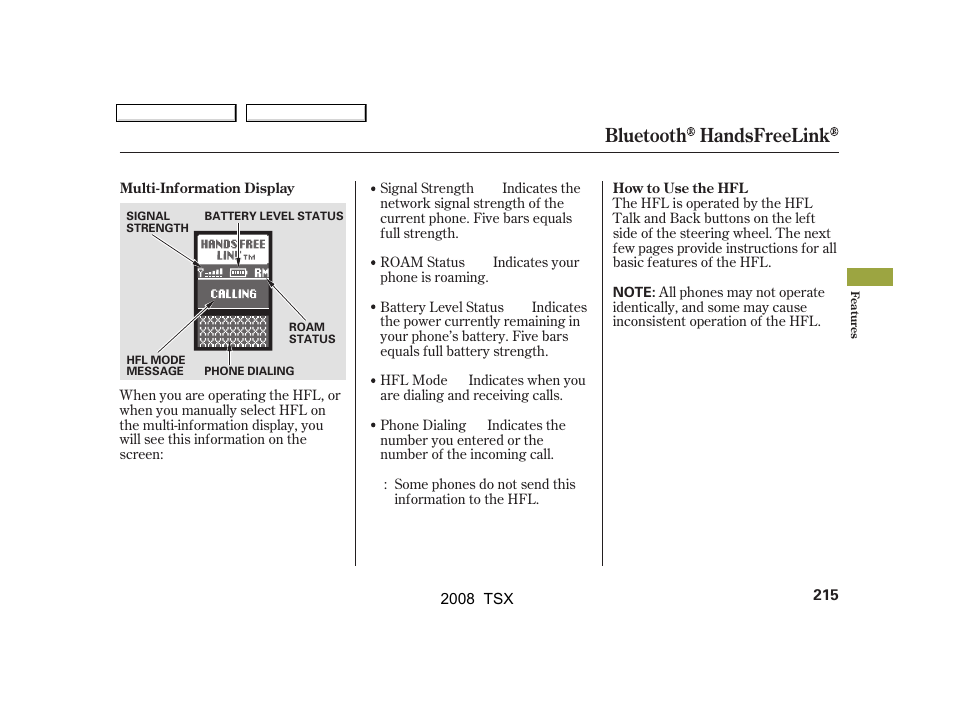 Bluetooth handsfreelink | Acura 2008 TSX - Owner's Manual User Manual | Page 218 / 388