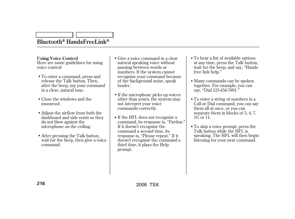 Bluetooth handsfreelink | Acura 2008 TSX - Owner's Manual User Manual | Page 219 / 388