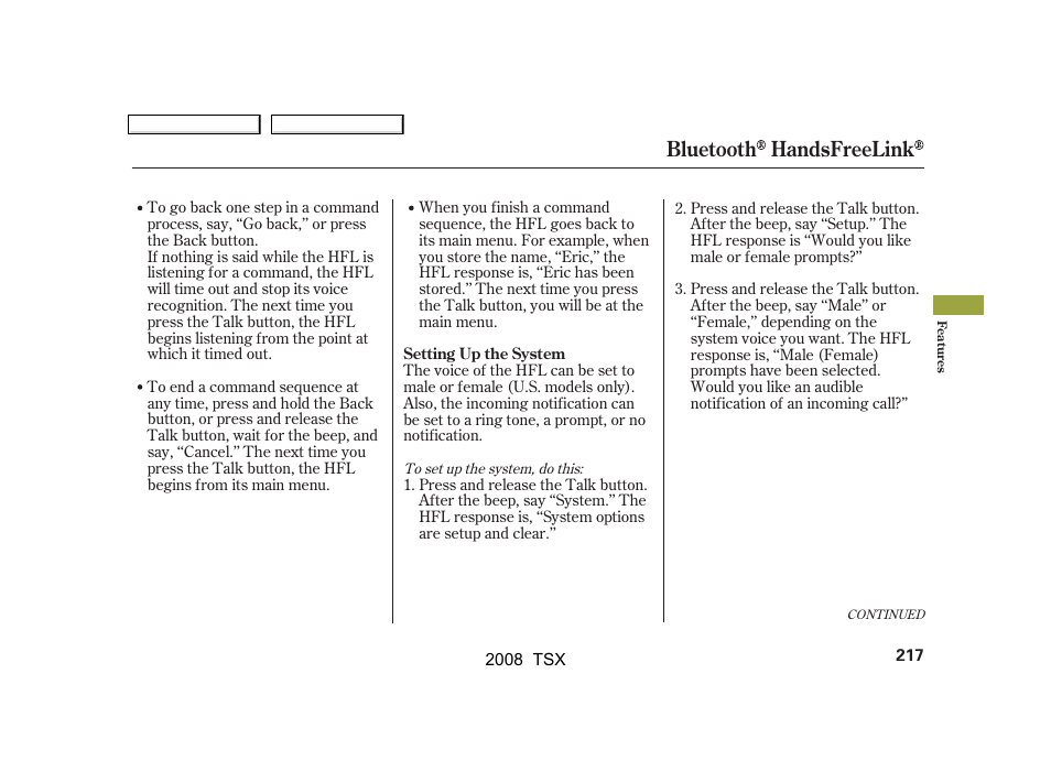 Bluetooth handsfreelink | Acura 2008 TSX - Owner's Manual User Manual | Page 220 / 388