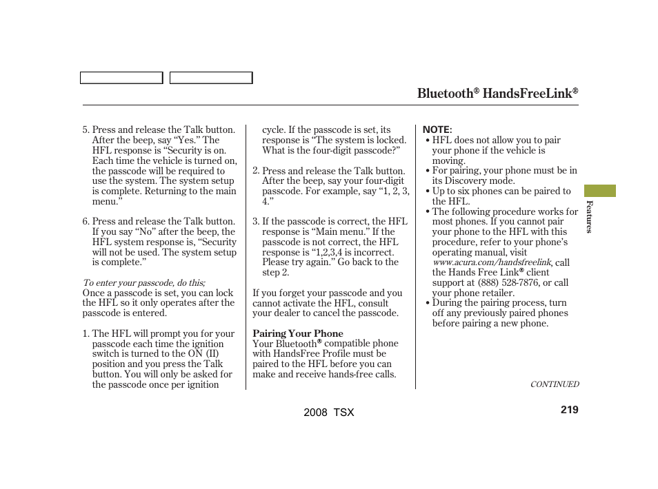 Bluetooth handsfreelink | Acura 2008 TSX - Owner's Manual User Manual | Page 222 / 388