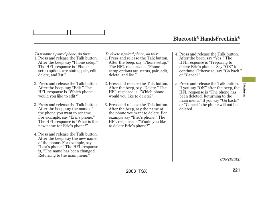 Bluetooth handsfreelink | Acura 2008 TSX - Owner's Manual User Manual | Page 224 / 388