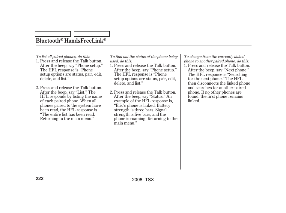 Bluetooth handsfreelink | Acura 2008 TSX - Owner's Manual User Manual | Page 225 / 388