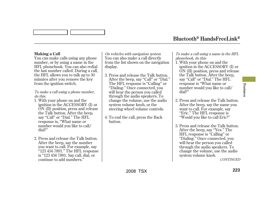 Bluetooth handsfreelink | Acura 2008 TSX - Owner's Manual User Manual | Page 226 / 388