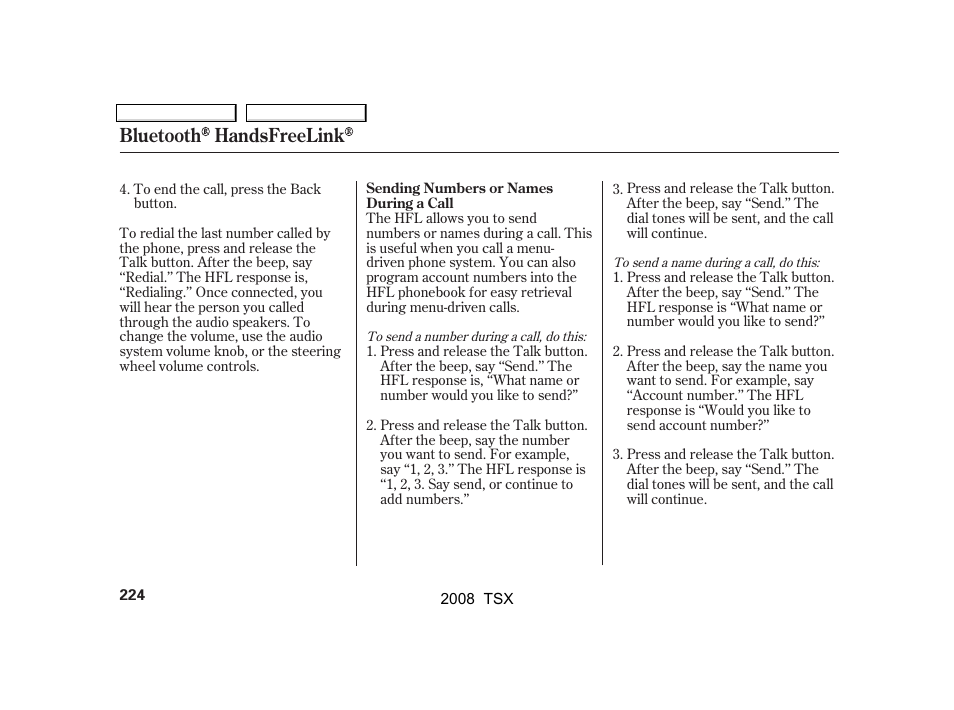 Bluetooth handsfreelink | Acura 2008 TSX - Owner's Manual User Manual | Page 227 / 388