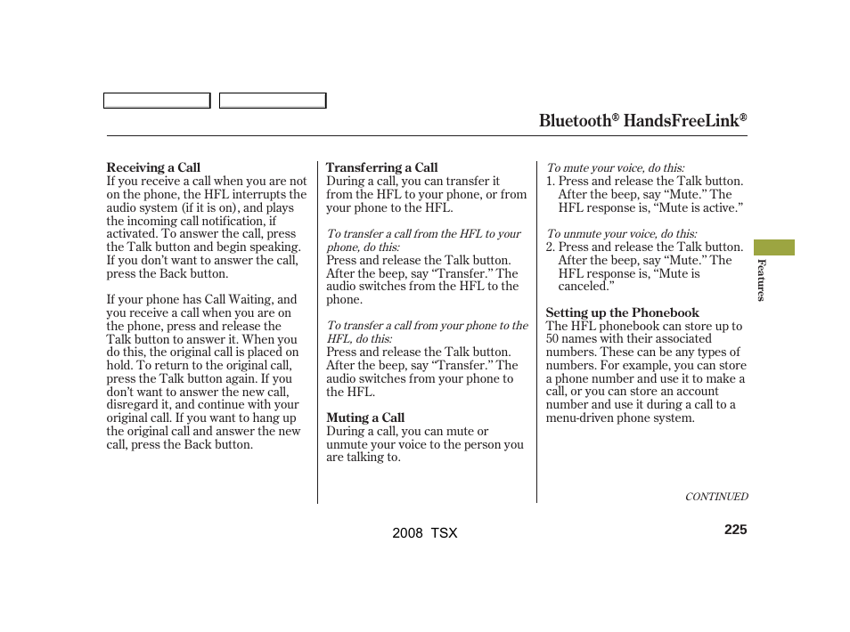Bluetooth handsfreelink | Acura 2008 TSX - Owner's Manual User Manual | Page 228 / 388