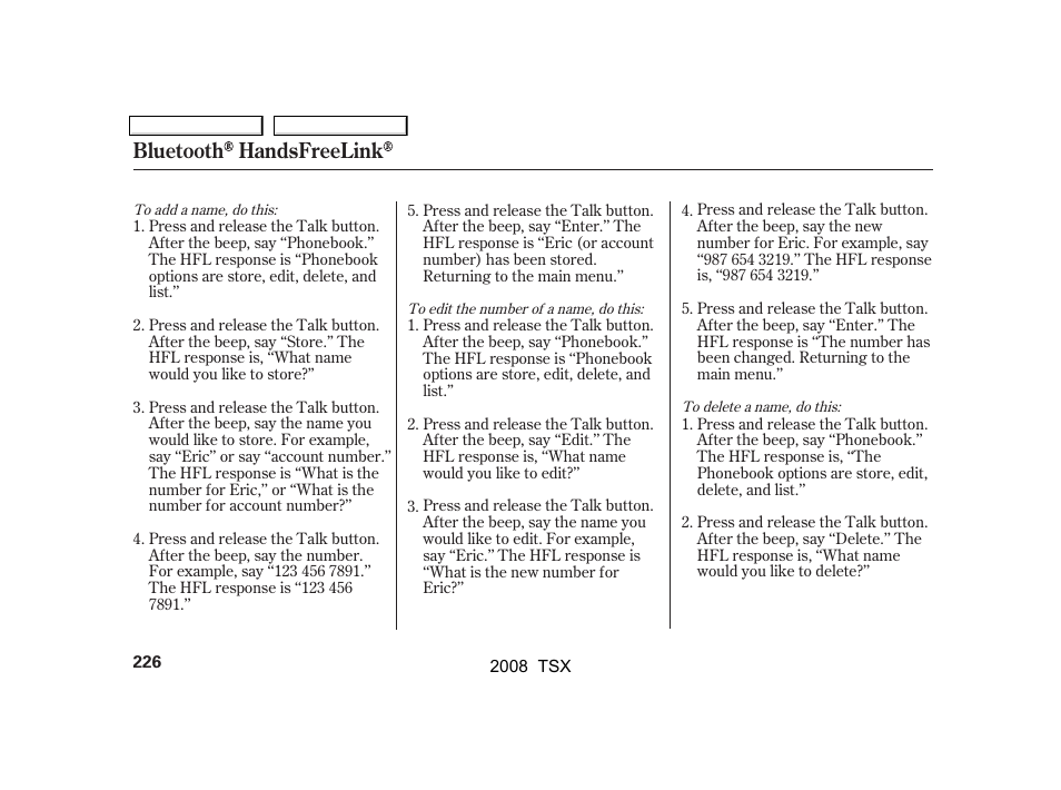 Bluetooth handsfreelink | Acura 2008 TSX - Owner's Manual User Manual | Page 229 / 388