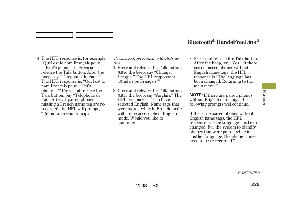 Bluetooth handsfreelink | Acura 2008 TSX - Owner's Manual User Manual | Page 232 / 388