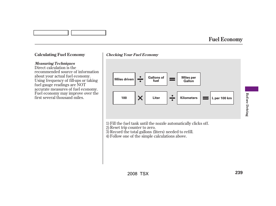 Fuel economy | Acura 2008 TSX - Owner's Manual User Manual | Page 242 / 388