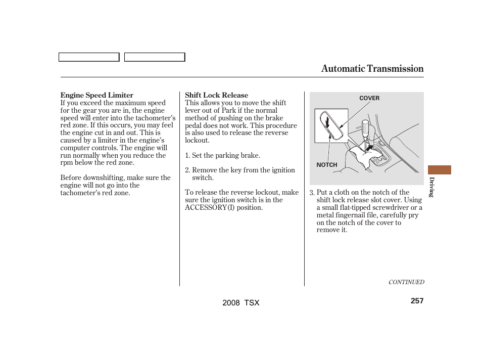 Automatic transmission | Acura 2008 TSX - Owner's Manual User Manual | Page 260 / 388