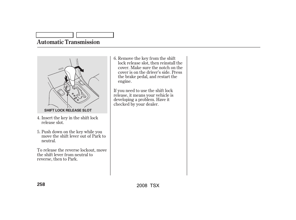 Automatic transmission | Acura 2008 TSX - Owner's Manual User Manual | Page 261 / 388