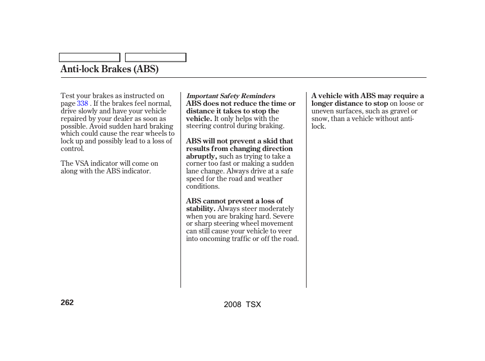 Anti-lock brakes (abs) | Acura 2008 TSX - Owner's Manual User Manual | Page 265 / 388