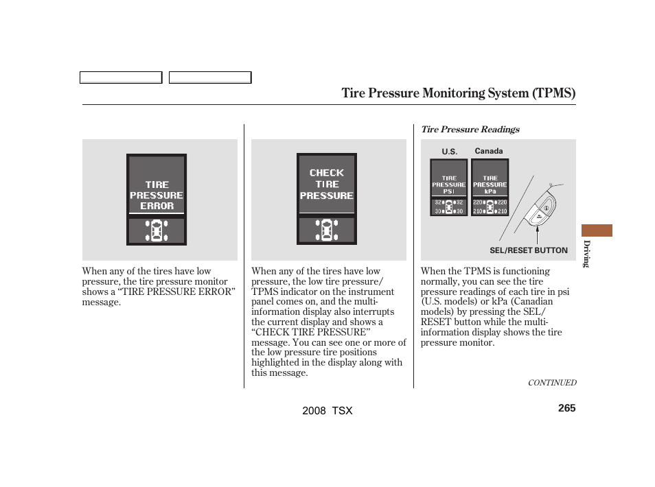 Tire pressure monitoring system (tpms) | Acura 2008 TSX - Owner's Manual User Manual | Page 268 / 388