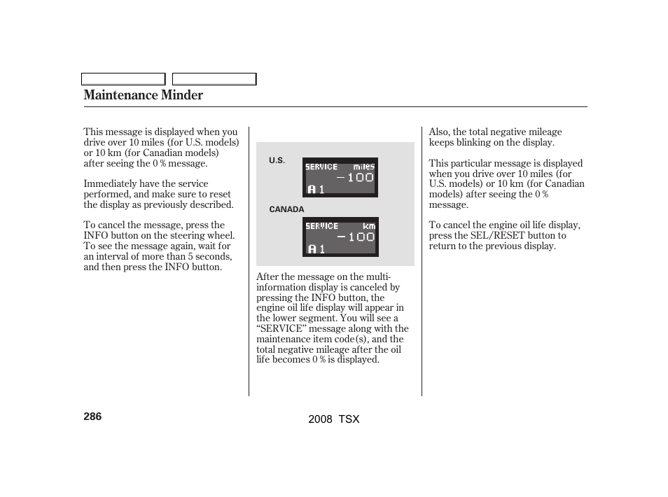 Maintenance minder | Acura 2008 TSX - Owner's Manual User Manual | Page 289 / 388