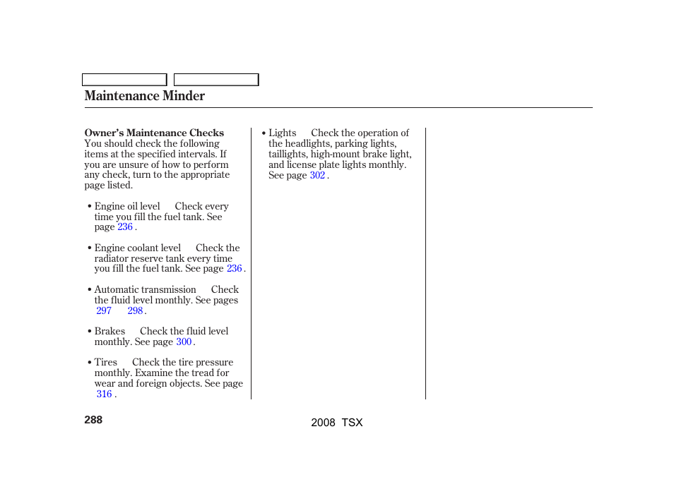 Maintenance minder | Acura 2008 TSX - Owner's Manual User Manual | Page 291 / 388