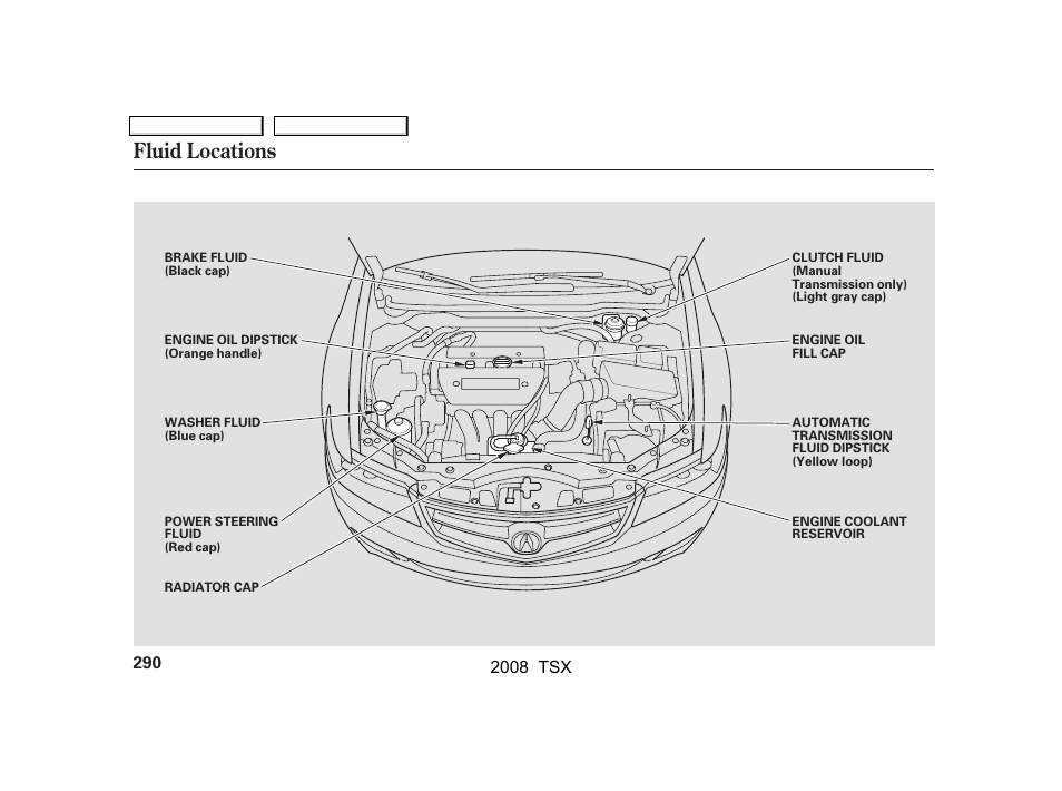 Fluid locations | Acura 2008 TSX - Owner's Manual User Manual | Page 293 / 388