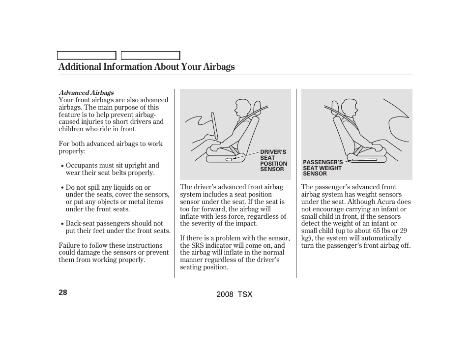 Additional information about your airbags | Acura 2008 TSX - Owner's Manual User Manual | Page 31 / 388