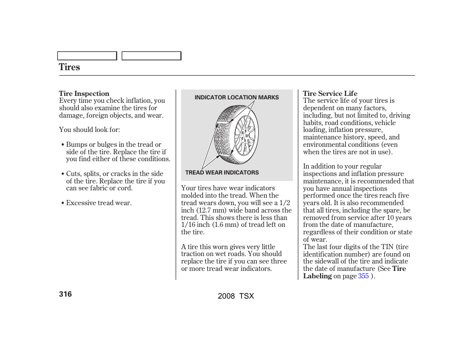 Tires | Acura 2008 TSX - Owner's Manual User Manual | Page 319 / 388
