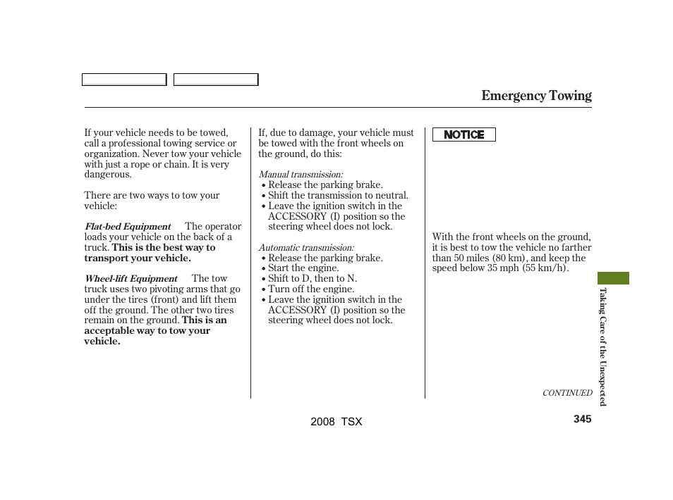 Emergency towing | Acura 2008 TSX - Owner's Manual User Manual | Page 348 / 388