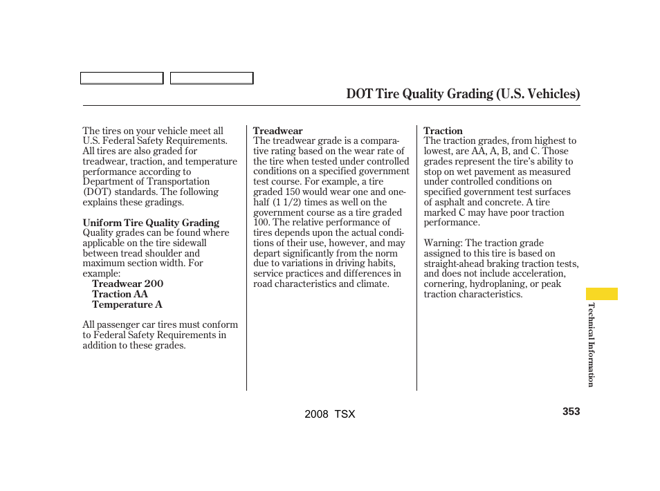 Dot tire quality grading (u.s. vehicles) | Acura 2008 TSX - Owner's Manual User Manual | Page 356 / 388
