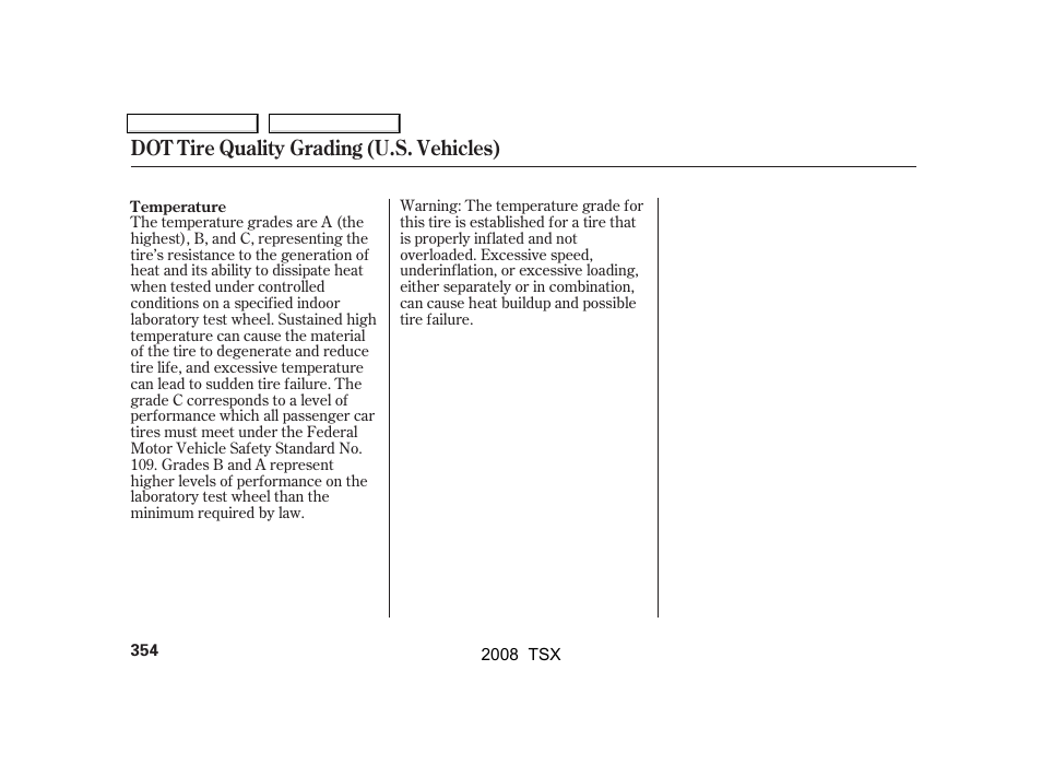 Dot tire quality grading (u.s. vehicles) | Acura 2008 TSX - Owner's Manual User Manual | Page 357 / 388