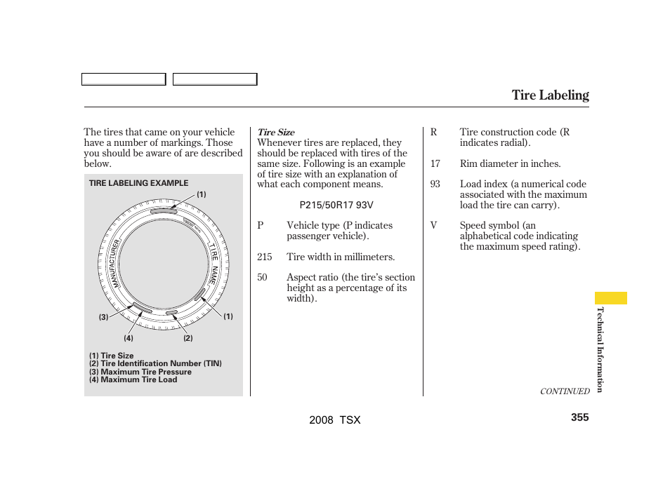 Tire labeling | Acura 2008 TSX - Owner's Manual User Manual | Page 358 / 388