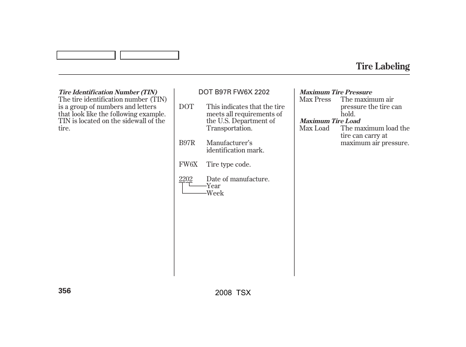 Tire labeling | Acura 2008 TSX - Owner's Manual User Manual | Page 359 / 388