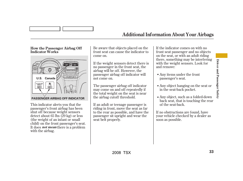 Additional information about your airbags | Acura 2008 TSX - Owner's Manual User Manual | Page 36 / 388