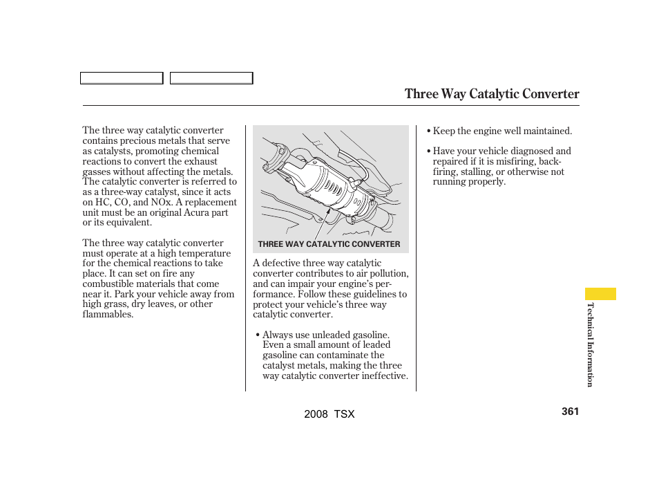 Three way catalytic converter | Acura 2008 TSX - Owner's Manual User Manual | Page 364 / 388