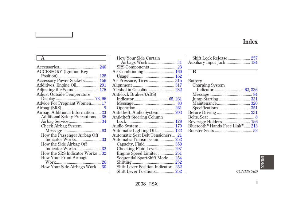 Index | Acura 2008 TSX - Owner's Manual User Manual | Page 374 / 388