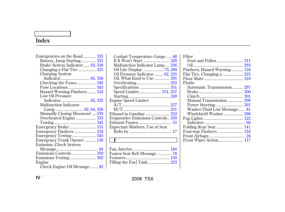 Index | Acura 2008 TSX - Owner's Manual User Manual | Page 377 / 388