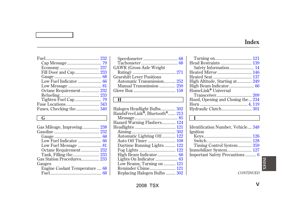 Index | Acura 2008 TSX - Owner's Manual User Manual | Page 378 / 388