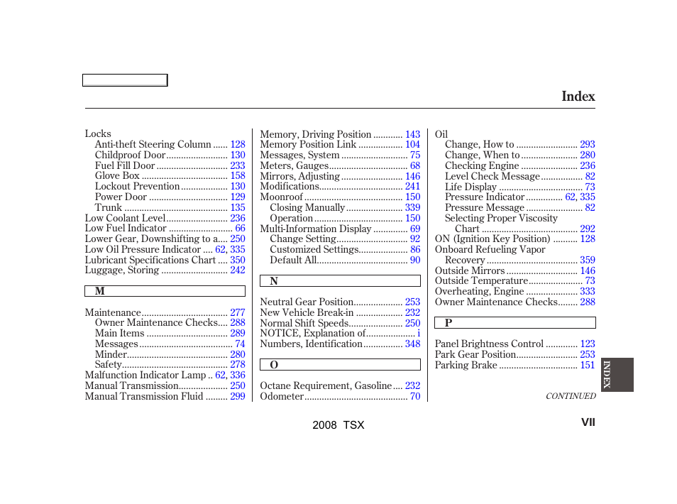 Index | Acura 2008 TSX - Owner's Manual User Manual | Page 380 / 388