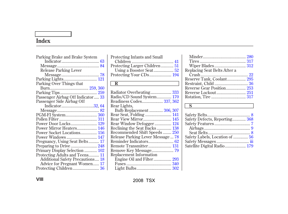 Index | Acura 2008 TSX - Owner's Manual User Manual | Page 381 / 388