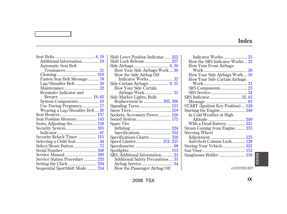 Index | Acura 2008 TSX - Owner's Manual User Manual | Page 382 / 388