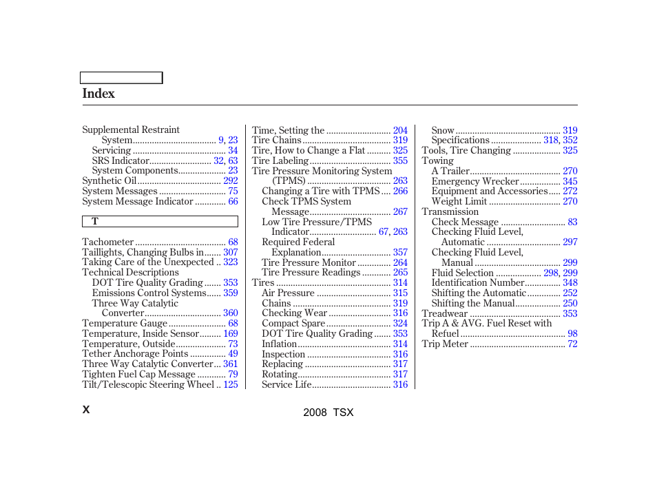 Index | Acura 2008 TSX - Owner's Manual User Manual | Page 383 / 388