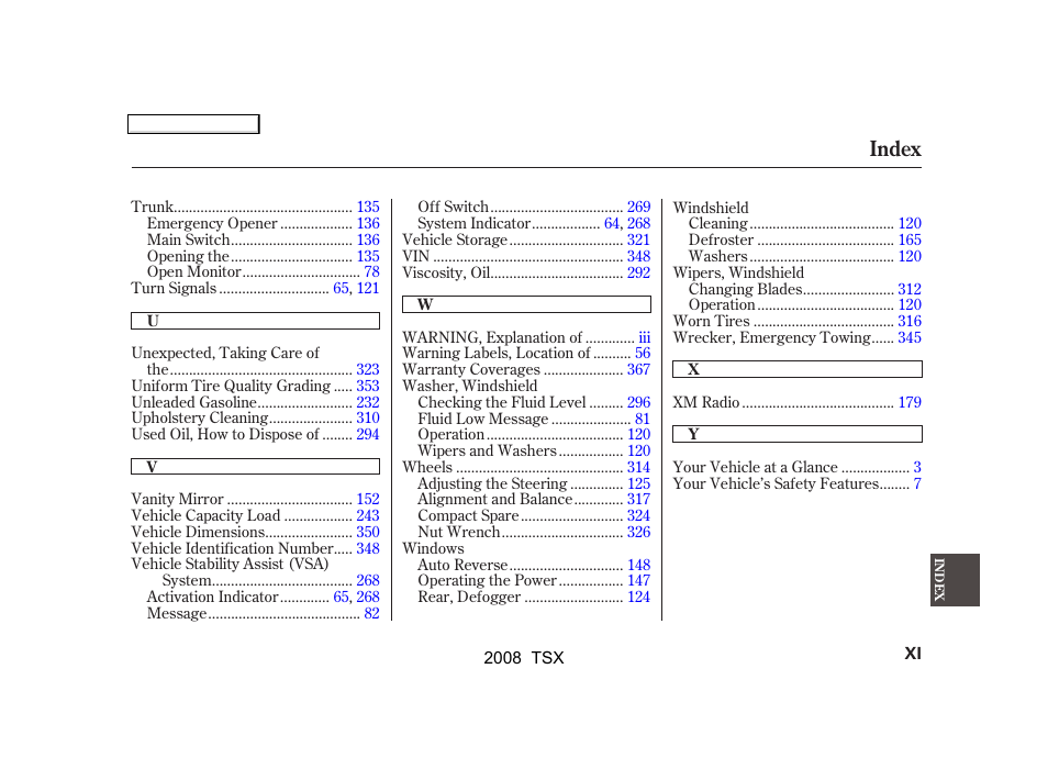 Index | Acura 2008 TSX - Owner's Manual User Manual | Page 384 / 388
