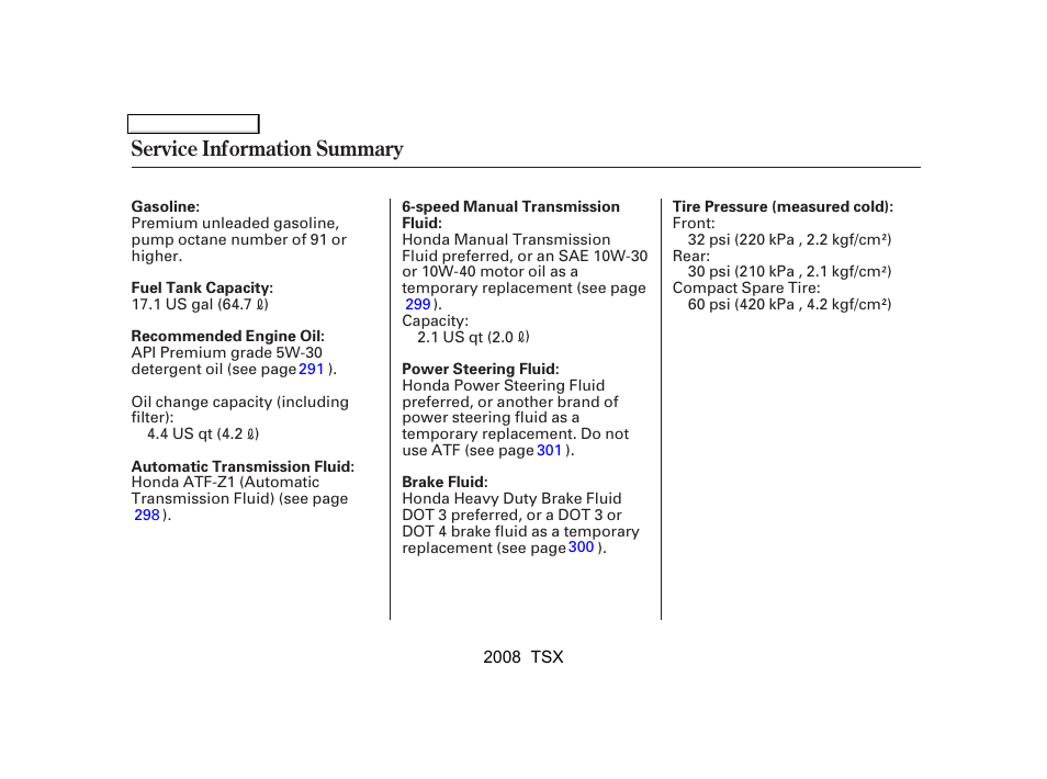 Service information summary | Acura 2008 TSX - Owner's Manual User Manual | Page 387 / 388